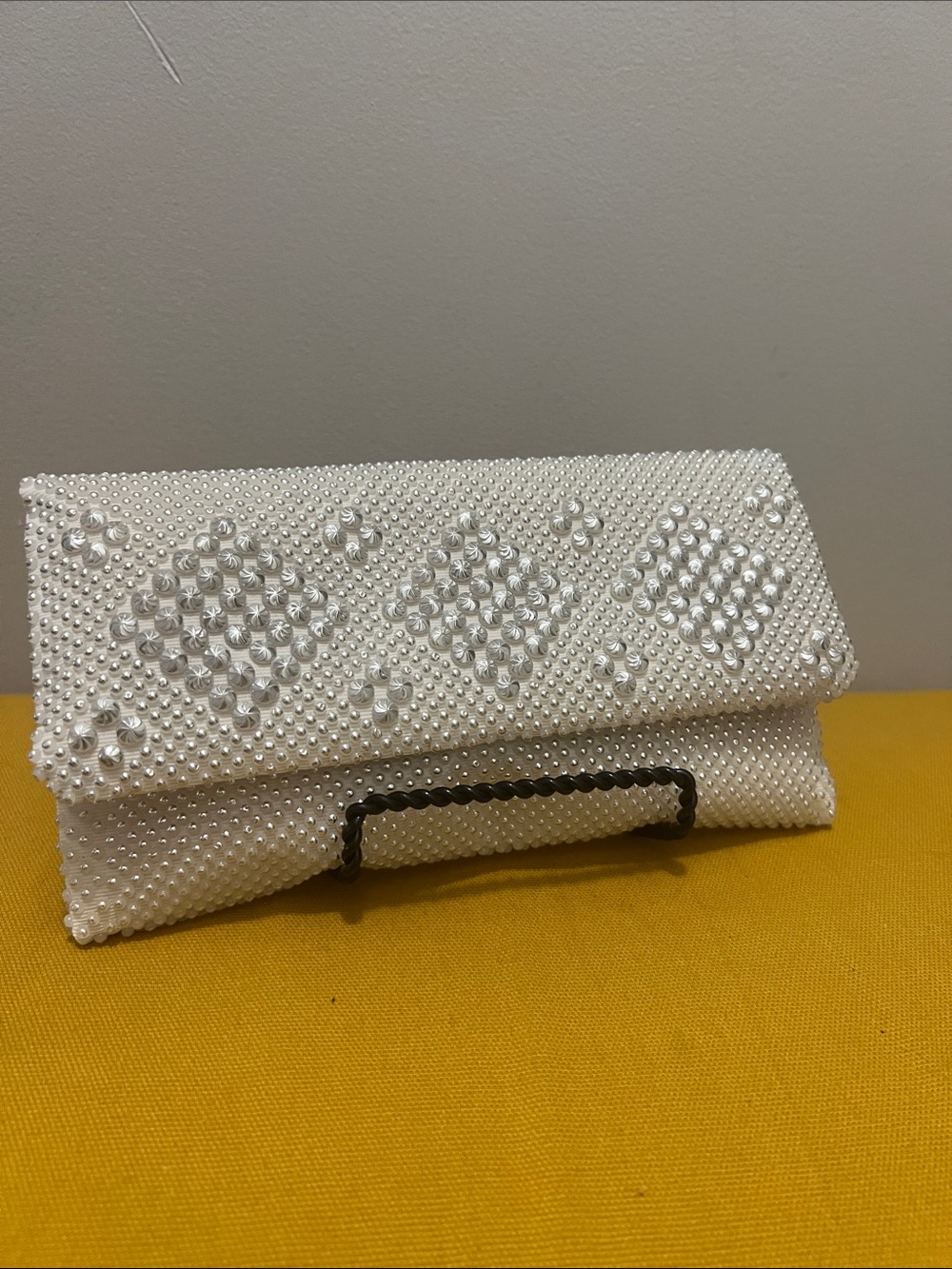 Small Vintage White Silver Beaded Bridal Clutch